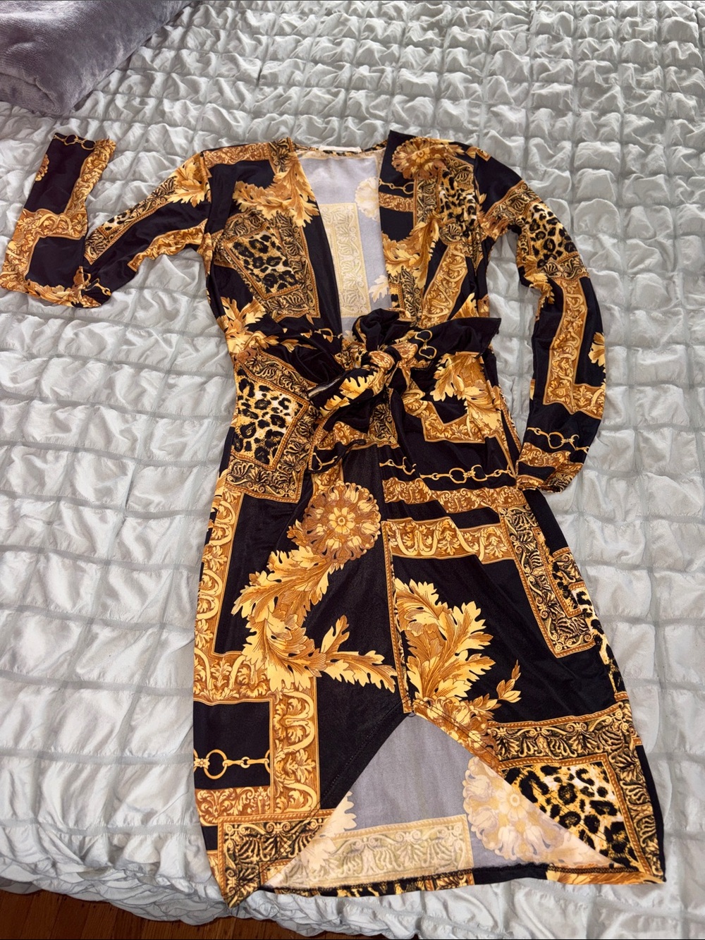 Black & Gold Baroque Print Wrap Dress